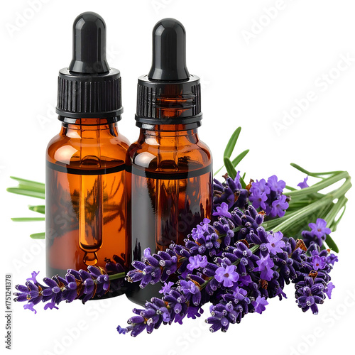Two amber dropper bottles with lavender sprigs, against a black background