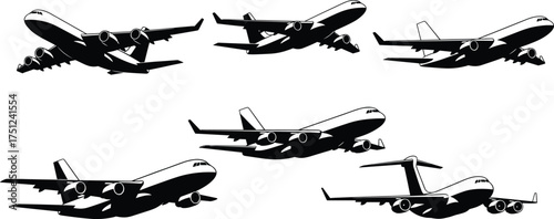 Commercial airplane illustration set, four-engine aircraft in flight, aviation vector collection, passenger jet silhouettes, black and white transport icons
