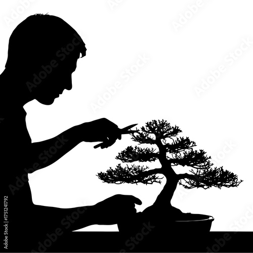 Silhouette of a person carefully pruning a bonsai tree