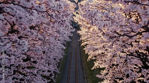 Aerial view video of railway tracks framed by blooming cherry blossoms, capturing the serene beauty of spring from a top-down angle. Live desktop wallpaper.
