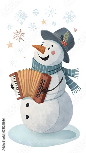 Snowman playing accordion with cheerful mood on snowy background copy space