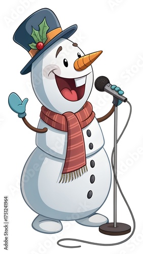 Snowman singing into microphone with joyful mood on white background copy space
