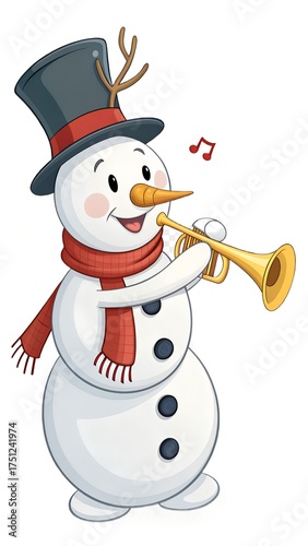 Snowman playing trumpet with cheerful mood on white background copy space