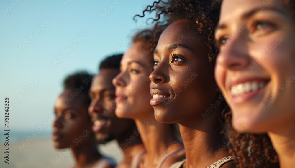 Fototapeta premium Diverse group of friends side by side on beach looking forward with hopeful smiles. They share a moment of unity, friendship, and anticipation for the future.