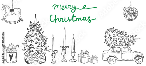Retro Christmas and New Year set or sticker with hand-drawn lettering and ink style. Cozy pastel vector illustrations with gifts and Christmas tree — for festive cards, seasonal designs, poster