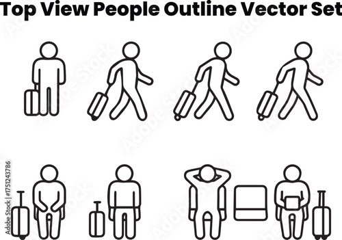 Top view outline of travelers with luggage — sitting, waiting, walking — minimal black vector icons.
