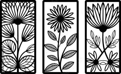 3 rectangular panels with floral and geometric fusion laser cut design