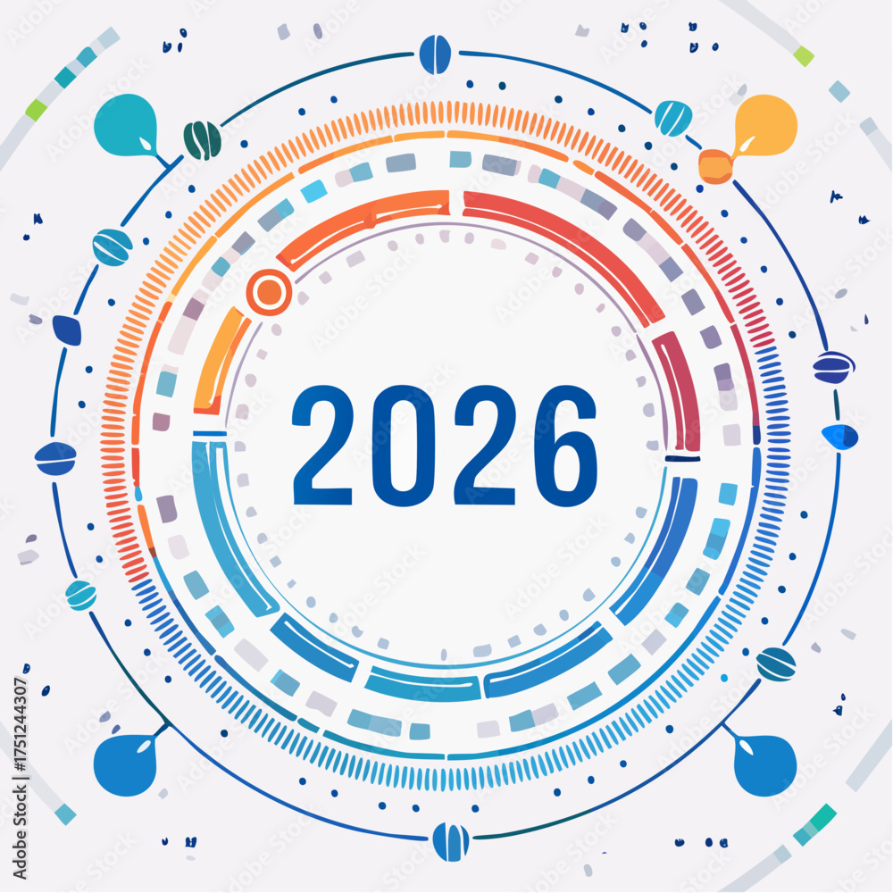 Fototapeta premium A futuristic digital illustration showcasing the year 2026, surrounded by a circular technological design.