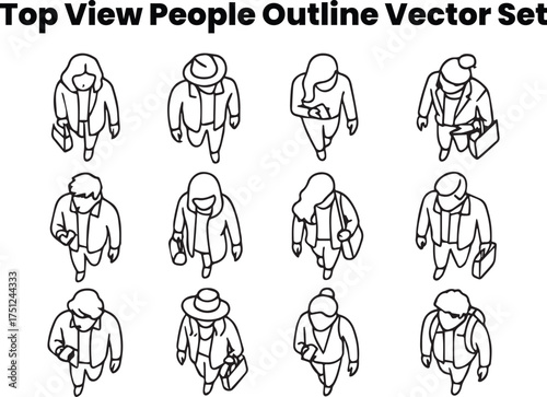 Stylish people seen from above — holding bags, phones — outline minimal black vector icon pack