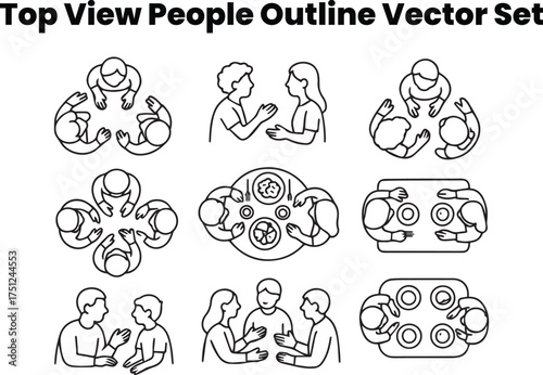 Minimal top view outline of families and friend groups — sitting, talking, eating scenes from above