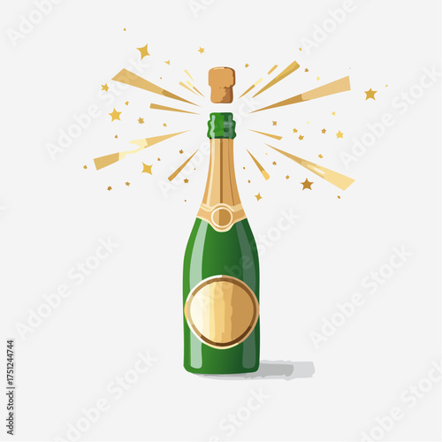 An illustration of a green champagne bottle with a popping cork and golden starbursts against a white background.