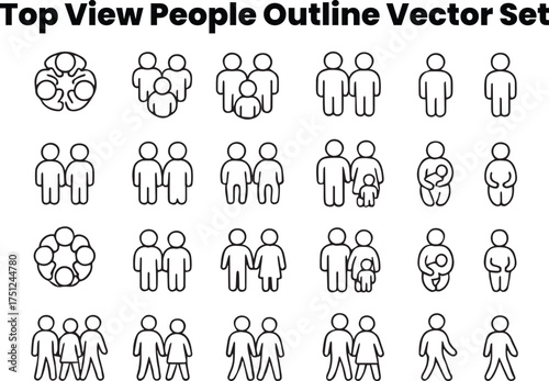 Top angle outline of people and groups — minimal black and white vector icons showing aerial crowd positions