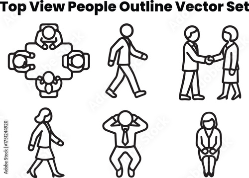 Minimal outline vector icons showing office people from above — working, meeting, walking, and talking scenes