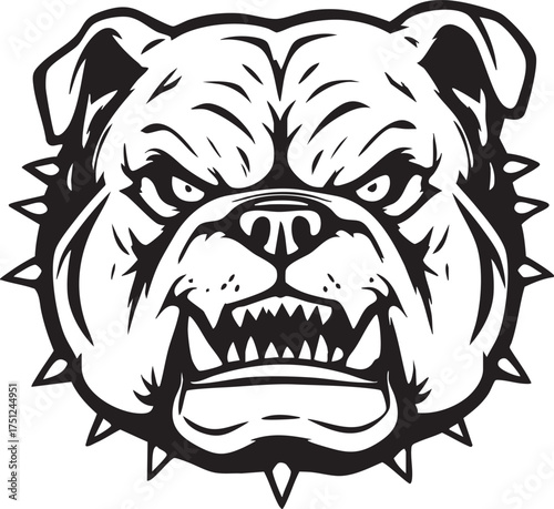 Bulldog head with spiked collar and aggressive expression in black and white vector for mascot, sports, and strength themes