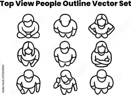 Editable black and white top view people icons — outline vector of walking, sitting, and standing humans from above — perfect for architectural maps and planning visuals.
