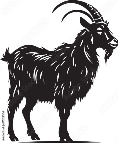 Goat silhouette with curved horns, beard, and shaggy coat in black and white vector for farm, nature, and folklore themes