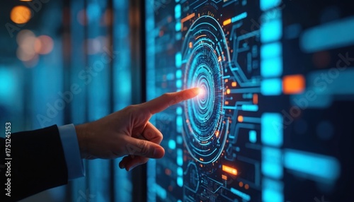 Finger touches screen with hud interface, abstract tech. Man activates digital system. Future interface with connection, data analytics. Digitalization, ai concept for business, science in cyberspace.