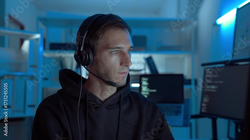 IT support specialist wearing headset assisting remote clients in dark office, representing communication, reliability, and expertise in modern digital service and technology support.
