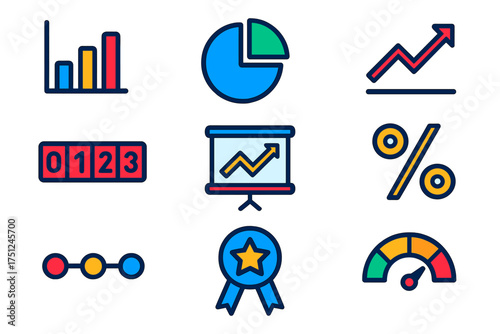 Colorful Data Icons. Flat vector icons of company statistics: bar chart, pie chart, growth line, number counter, data board,