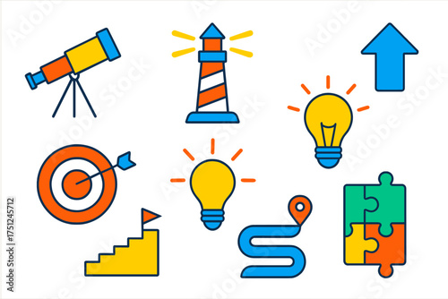 Vision and Mission Icons. Flat vector icons of vision and mission visuals: telescope, lighthouse, upward arrow, goal target, light