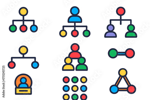 Flat Organization Icons. Flat vector icons of company structure: organization chart, hierarchy icon, team branch, management group