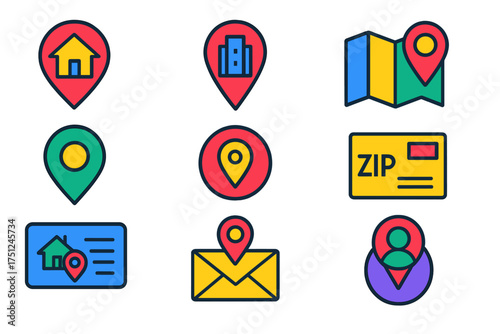 Bold Location Icons. Flat vector icons of address and location: home pin, office pin, map with contact point, location bubble, GPS