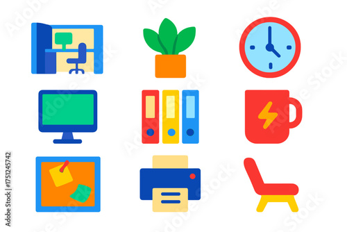 Modern Office Icons. Flat vector icons of office environment: cubicle, office plant, desktop monitor, wall clock, file organizer,