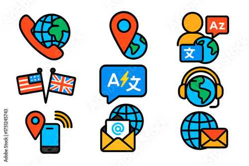 Global Communication Icons. Flat vector icons of global communication: international call, world map pin, multilingual contact,