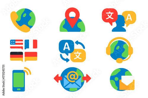 Global Communication Icons. Flat vector icons of global communication: international call, world map pin, multilingual contact,