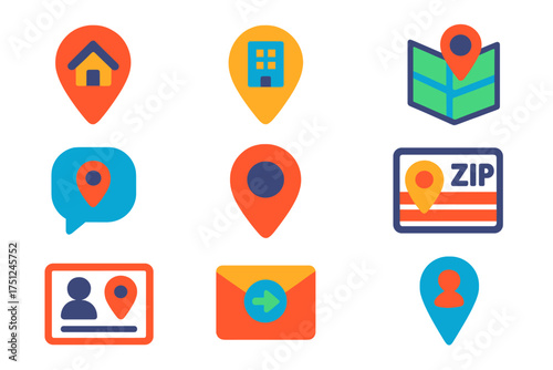 Bold Location Icons. Flat vector icons of address and location: home pin, office pin, map with contact point, location bubble, GPS