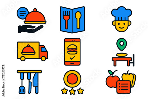 Food Services Icons. Flat vector icons of food services: meal delivery, online menu, chef service, catering truck, food ordering