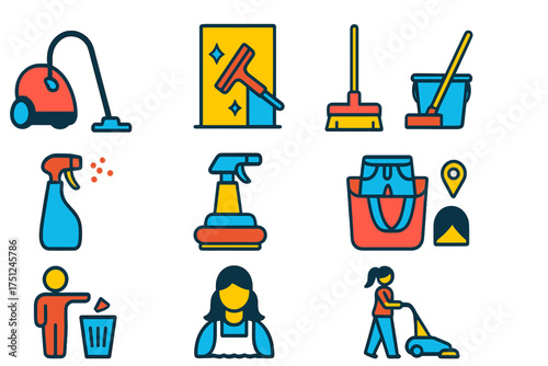 Bright Cleaning Icons. Flat vector icons of cleaning services: vacuum cleaner, window washing, mop and bucket, dusting spray,