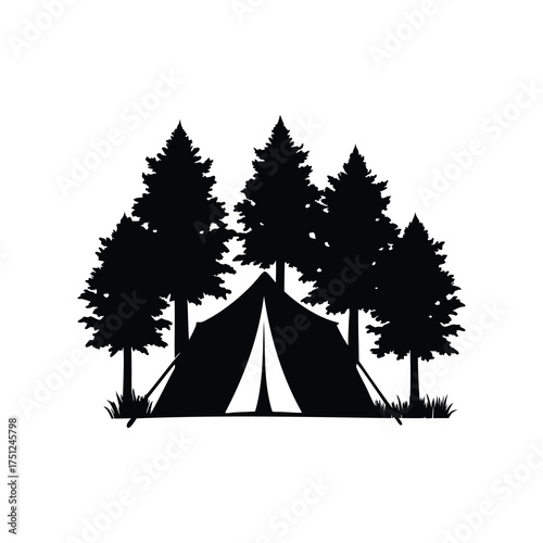 Monochrome camping adventure under tall evergreen trees, embracing the call of the wild, tent under trees silhouette vector illustration