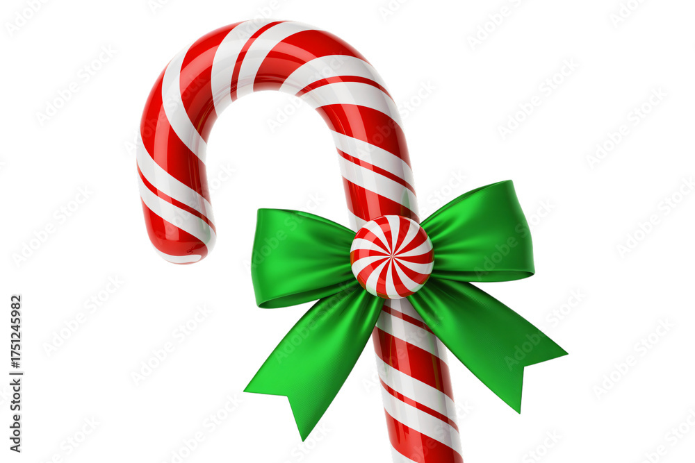 Fototapeta premium Red and white candy cane with green ribbon on transparent background