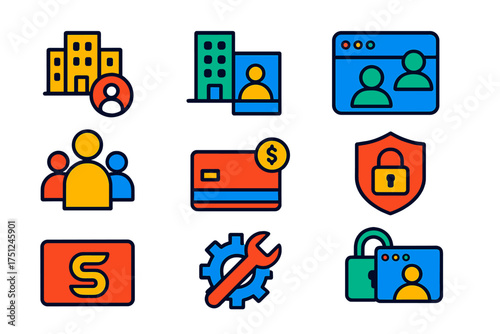 Business Account Icons. Flat vector icons of business accounts: company profile, enterprise account, team dashboard, employee