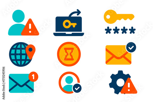 Modern Notification Icons. Flat vector icons of account notifications: account alert, login attempt, password changed, new login