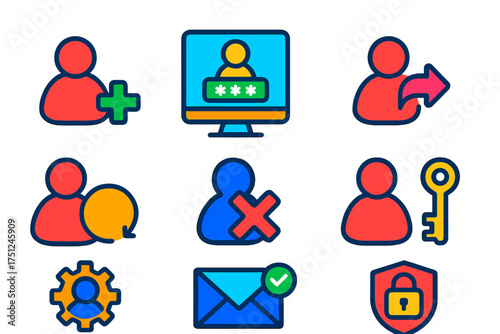 Flat Account Icons. Flat vector icons of account actions: create account, login screen, logout button, update profile, delete