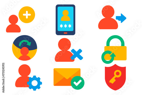 Flat Account Icons. Flat vector icons of account actions: create account, login screen, logout button, update profile, delete