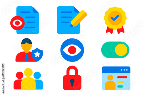 Access Permission Icons. Flat vector icons of access permission levels: read only icon, edit access, full control badge, admin