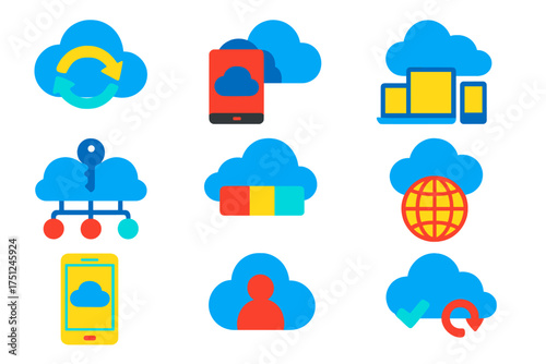 Bright Cloud Icons. Flat vector icons of cloud-based accounts: cloud sync icon, online backup, multi-device login, shared access