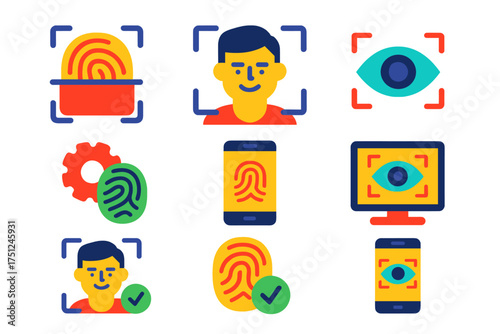 Biometric Login Icons. Flat vector icons of biometric login options: fingerprint scanner, face recognition icon, eye scan icon,