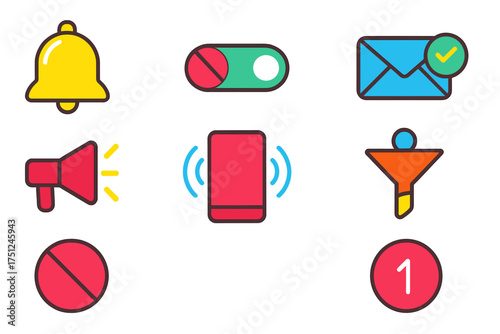 Flat Notification Icons. Flat vector icons of notification settings: bell icon, mute alerts, push notification toggle, email alert