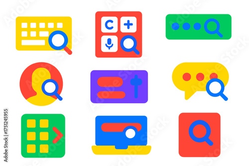 Bold Search Shortcut Icons. Flat vector icons of search shortcuts: keyboard search icon, hotkey icon, quick access bar, smart