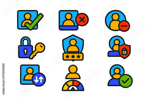 Access Control Icons. Flat vector icons of login access control: permission check, blocked login icon, restricted login, lock and