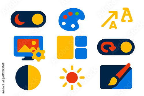 Colorful Interface Icons. Flat vector icons of theme and appearance settings: dark mode toggle, color palette icon, font size