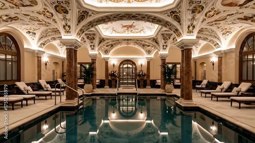 Elegant indoor swimming pool area with ornate ceiling details and comfortable lounge chairs on a tiled floor illuminated by warm lighting creating a serene and luxurious atmosphere perfect for