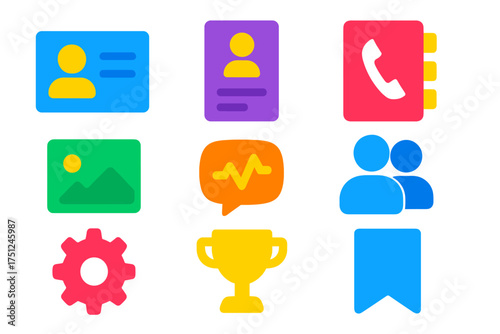 Vibrant Profile Icons. Flat vector icons of profile sections: overview tab, bio section, contact tab, media gallery, activity tab,