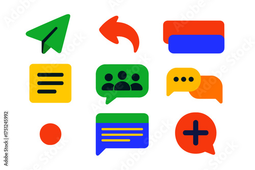 Vibrant Chat Interface Icons. Flat vector icons of chat interface elements: send message button, reply arrow icon, message input