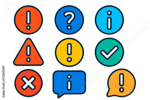 Bright Alert Icons Set. Flat vector icons of alert symbols: exclamation mark icon, question icon, information "i" icon, danger