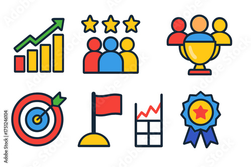 Team Success Icons. Flat vector icons of team performance and goals: rising bar chart, star rating team, KPI checklist, success